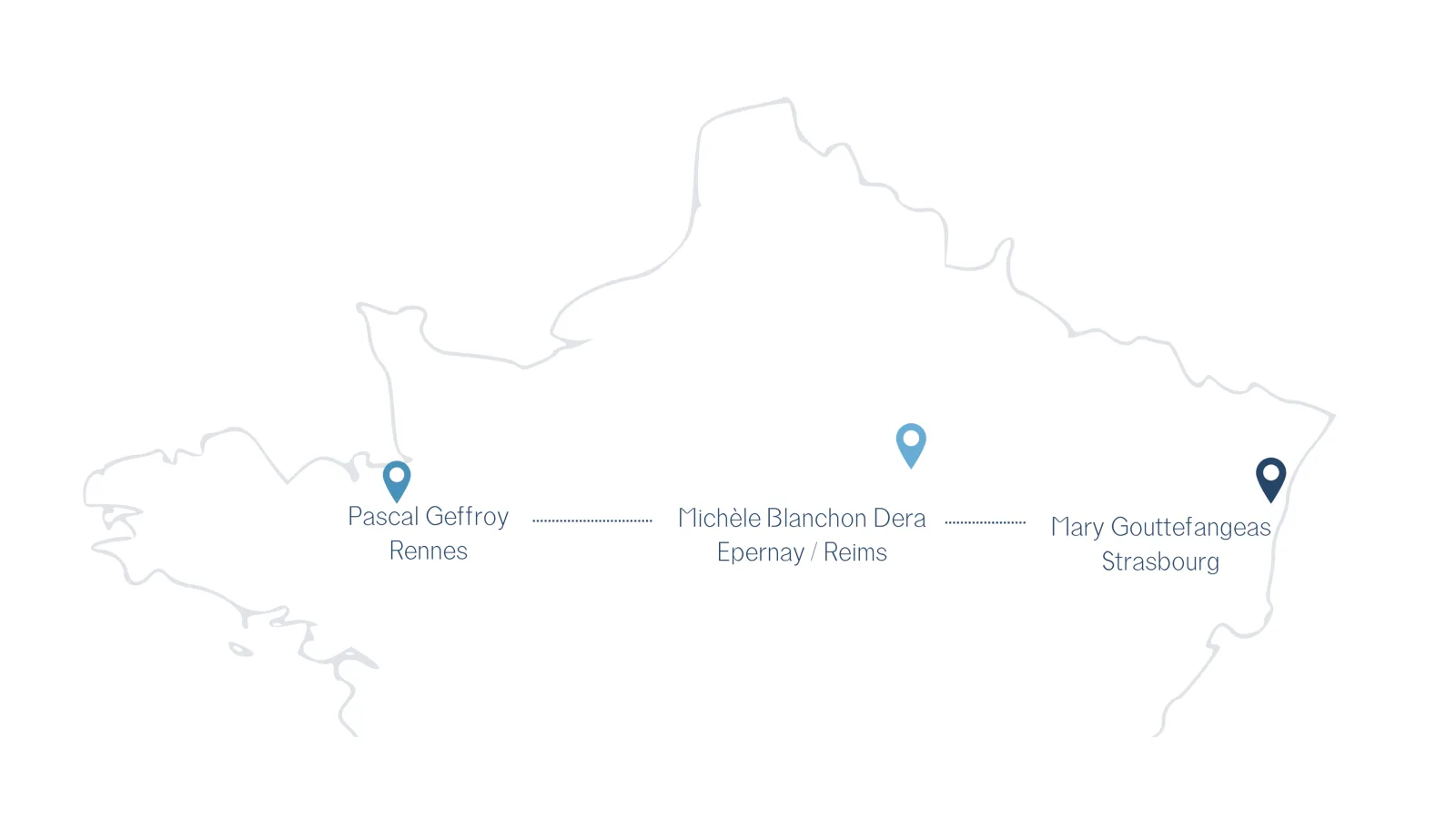 Carte de France des praticiens Cœur de Lien : Pascal Geffroy à Rennes, Michèle Blanchon Dera à Épernay / Reims, Mary Gouttefangeas à Strasbourg.